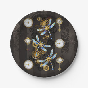 Steampunk Dragonflies on brown striped background Paper Plate