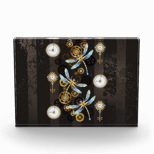 Steampunk Dragonflies on brown striped background Photo Block (Front)