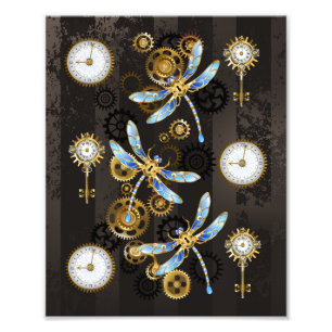 Steampunk Dragonflies on brown striped background Photo Print