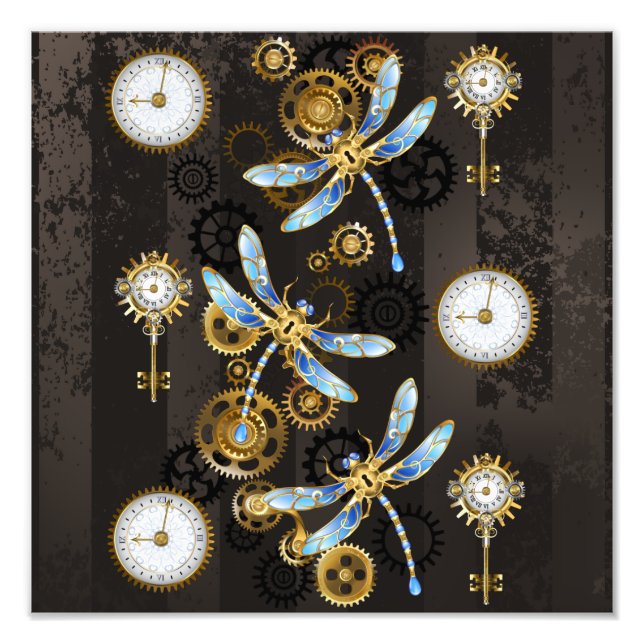 Steampunk Dragonflies on brown striped background Photo Print (Front)