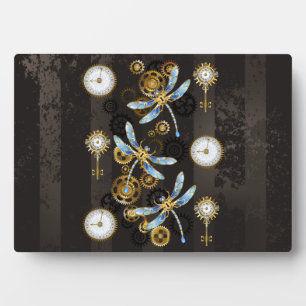 Steampunk Dragonflies on brown striped background Plaque