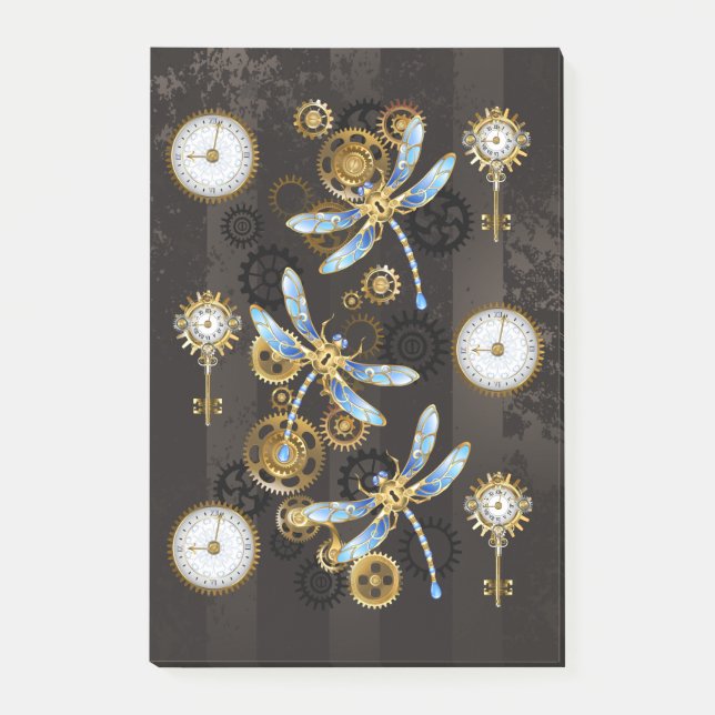 Steampunk Dragonflies on brown striped background Post-it Notes (Front)