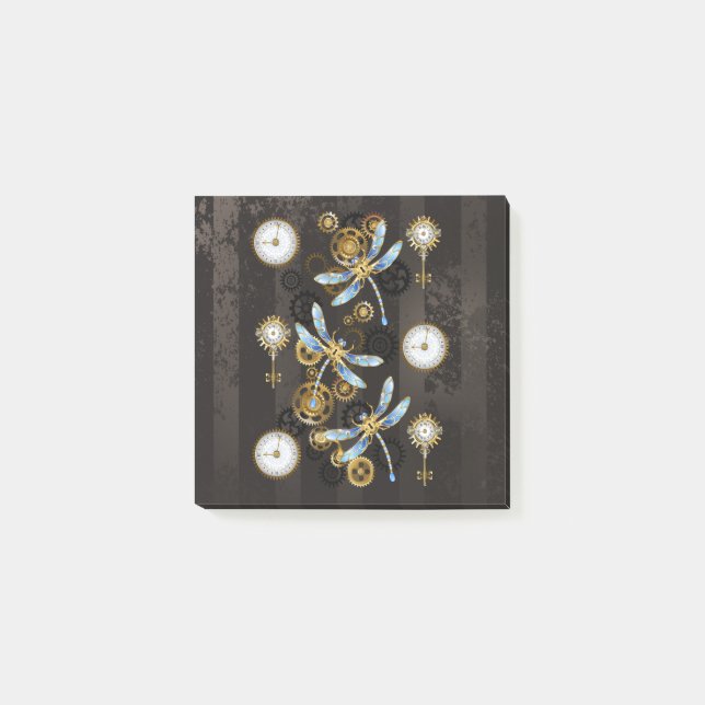 Steampunk Dragonflies on brown striped background Post-it Notes (Front)