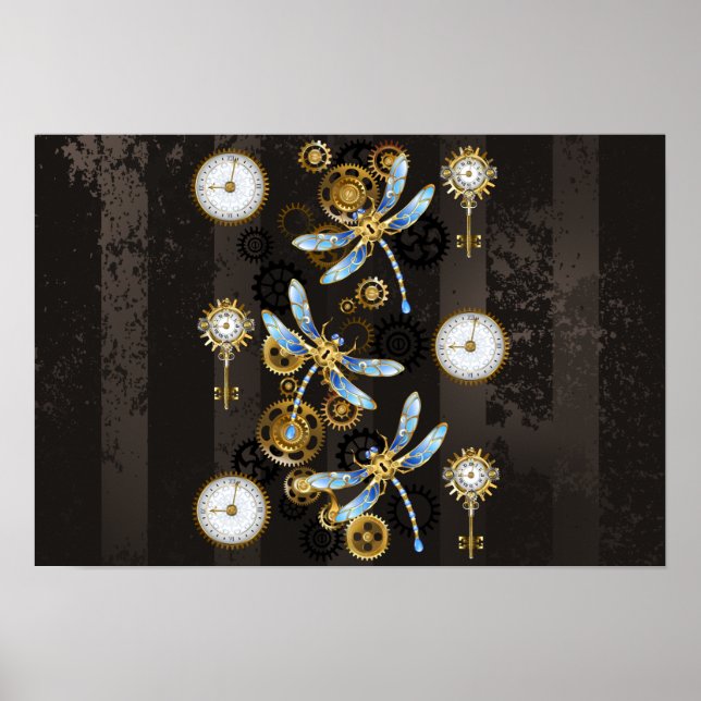 Steampunk Dragonflies on brown striped background Poster (Front)