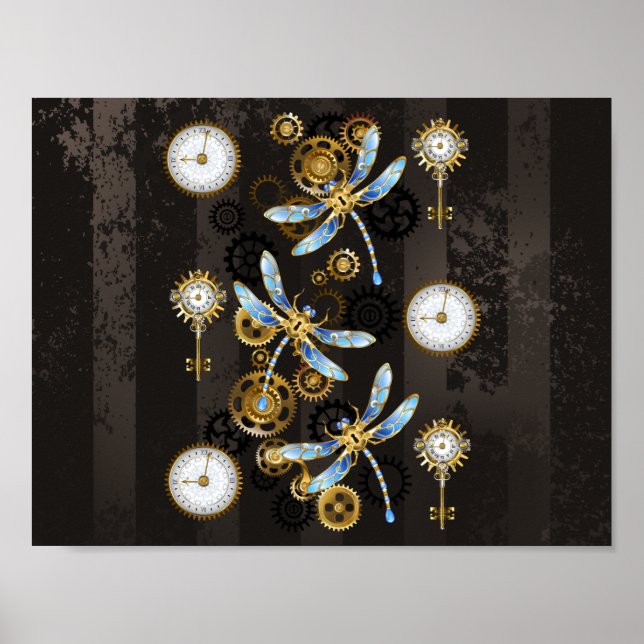 Steampunk Dragonflies on brown striped background Poster (Front)