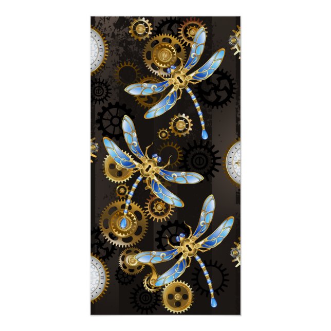 Steampunk Dragonflies on brown striped background Poster (Front)
