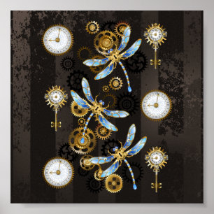 Steampunk Dragonflies on brown striped background Poster