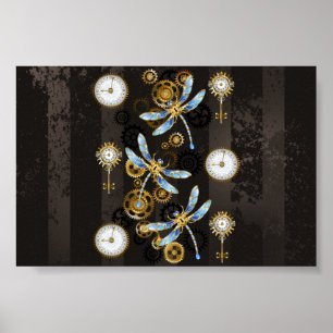 Steampunk Dragonflies on brown striped background Poster