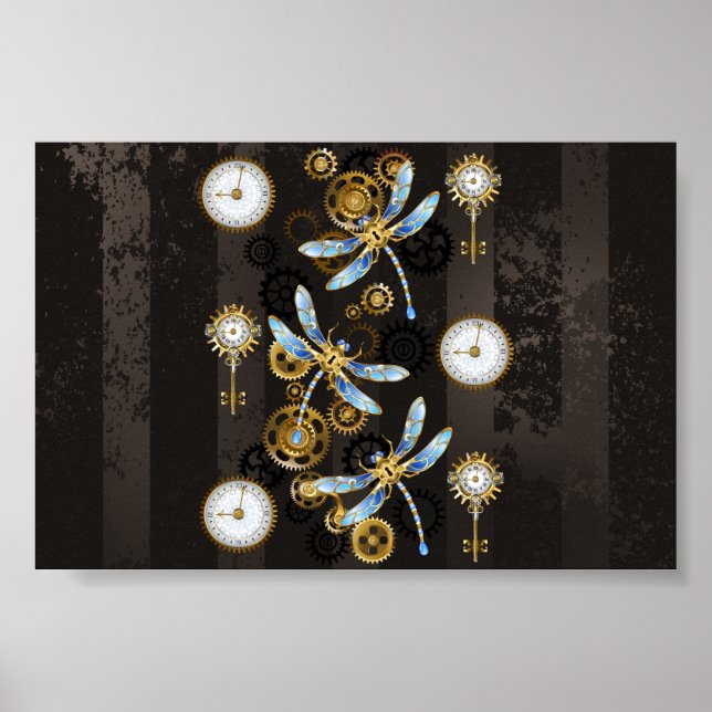 Steampunk Dragonflies on brown striped background Poster (Front)