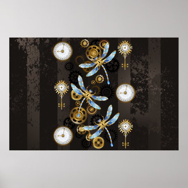 Steampunk Dragonflies on brown striped background Poster (Front)