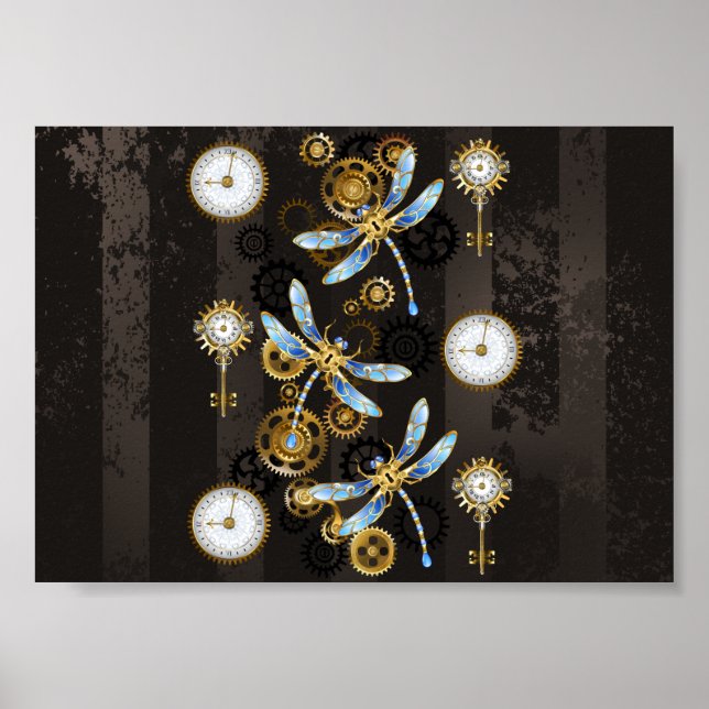 Steampunk Dragonflies on brown striped background Poster (Front)