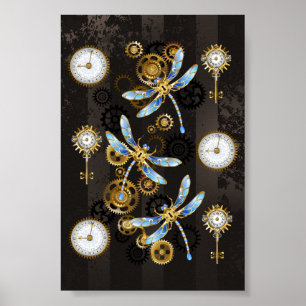 Steampunk Dragonflies on brown striped background Poster