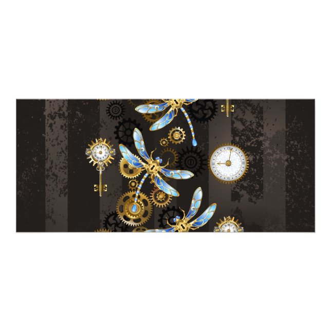 Steampunk Dragonflies on brown striped background Rack Card (Front)