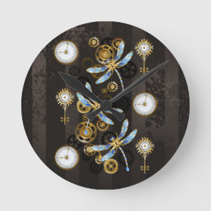 Steampunk Dragonflies on brown striped background Round Clock