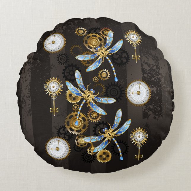Steampunk Dragonflies on brown striped background Round Cushion (Front)