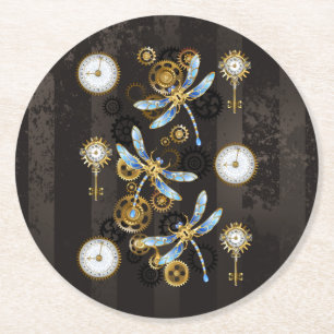 Steampunk Dragonflies on brown striped background Round Paper Coaster