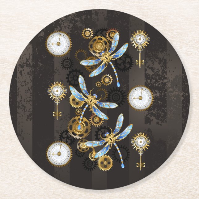 Steampunk Dragonflies on brown striped background Round Paper Coaster (Front)