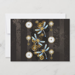 Steampunk Dragonflies on brown striped background Save The Date