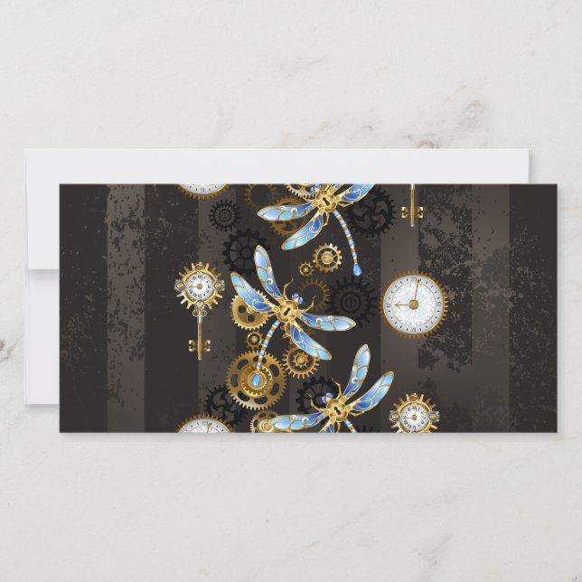 Steampunk Dragonflies on brown striped background Save The Date (Front)