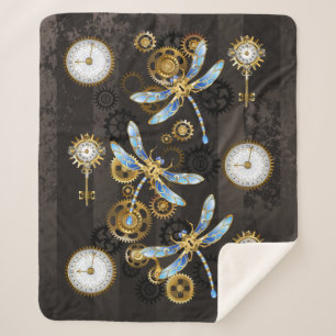 Steampunk Dragonflies on brown striped background Sherpa Blanket