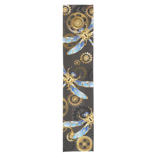 Steampunk Dragonflies on brown striped background Short Table Runner (Front)