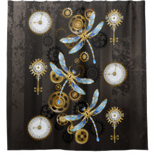 Steampunk Dragonflies on brown striped background Shower Curtain