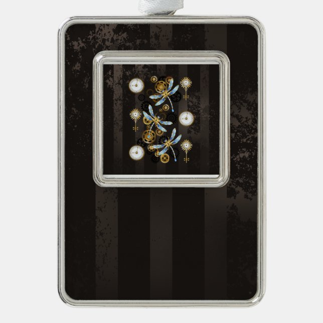 Steampunk Dragonflies on brown striped background Silver Plated Framed Ornament (Front)