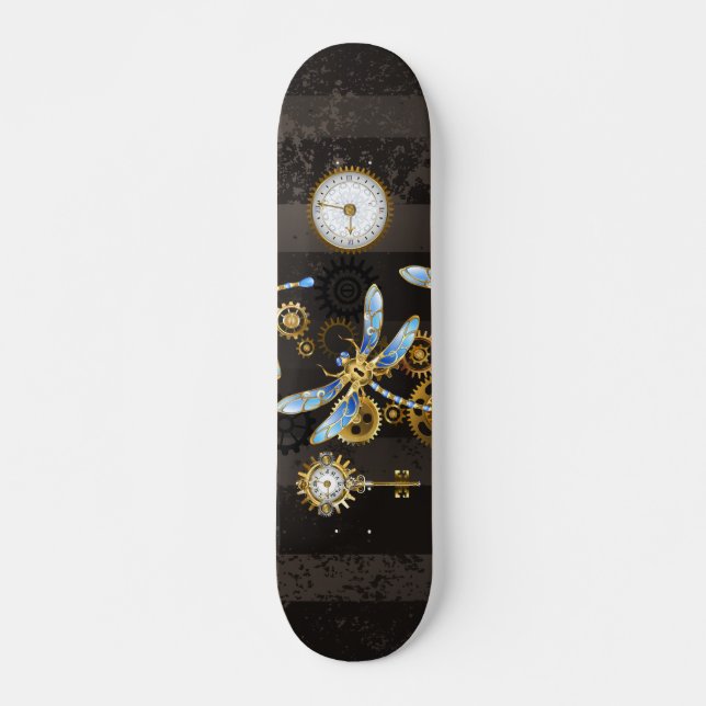 Steampunk Dragonflies on brown striped background Skateboard (Front)