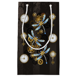 Steampunk Dragonflies on brown striped background Small Gift Bag