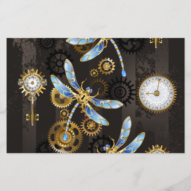 Steampunk Dragonflies on brown striped background Stationery (Front)