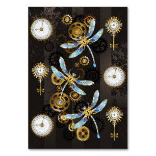 Steampunk Dragonflies on brown striped background Table Number