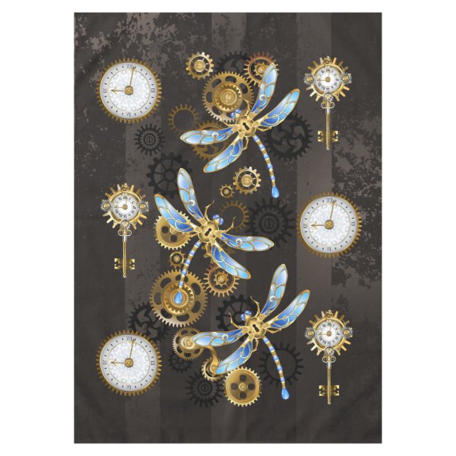Steampunk Dragonflies on brown striped background Tablecloth (Front)