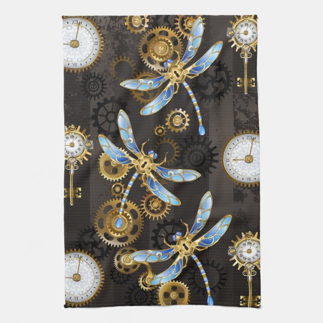 Steampunk Dragonflies on brown striped background Tea Towel (Vertical)