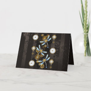 Steampunk Dragonflies on brown striped background Thank You Card