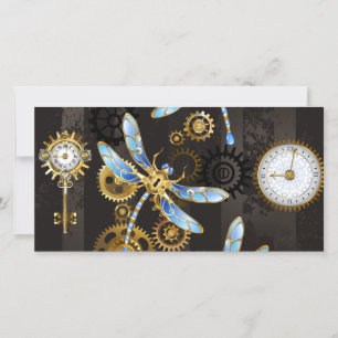 Steampunk Dragonflies on brown striped background Thank You Card