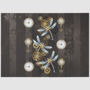 Steampunk Dragonflies on brown striped background Tissue Paper