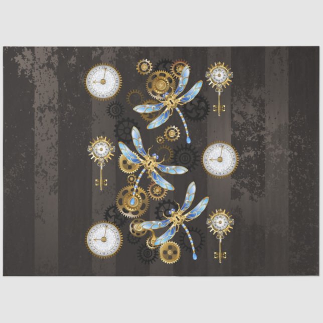 Steampunk Dragonflies on brown striped background Tissue Paper (Front)