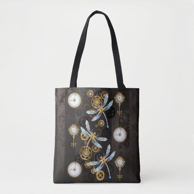 Steampunk Dragonflies on brown striped background Tote Bag (Front)