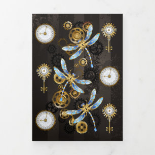 Steampunk Dragonflies on brown striped background Tri-Fold Card