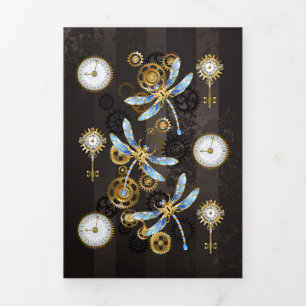 Steampunk Dragonflies on brown striped background Tri-Fold Holiday Card