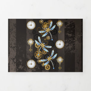 Steampunk Dragonflies on brown striped background Tri-Fold Holiday Card