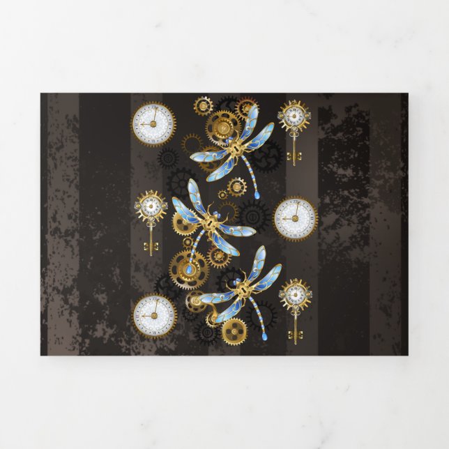Steampunk Dragonflies on brown striped background Tri-Fold Holiday Card (Cover)
