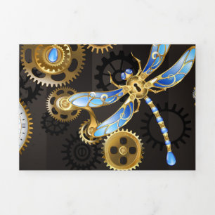 Steampunk Dragonflies on brown striped background Tri-Fold Invitation