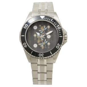 Steampunk Dragonflies on brown striped background Watch