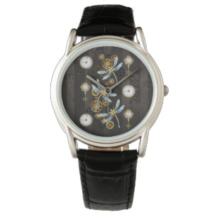 Steampunk Dragonflies on brown striped background Watch