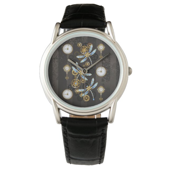 Steampunk Dragonflies on brown striped background Watch (Front)