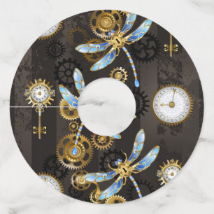 Steampunk Dragonflies on brown striped background Wine Glass Tag