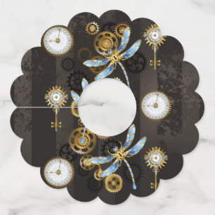 Steampunk Dragonflies on brown striped background Wine Glass Tag