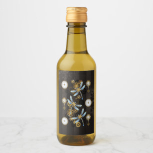 Steampunk Dragonflies on brown striped background Wine Label