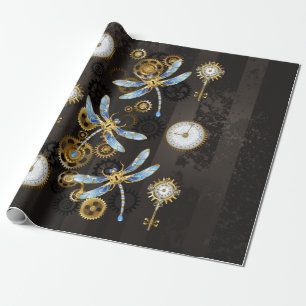 Steampunk Dragonflies on brown striped background Wrapping Paper